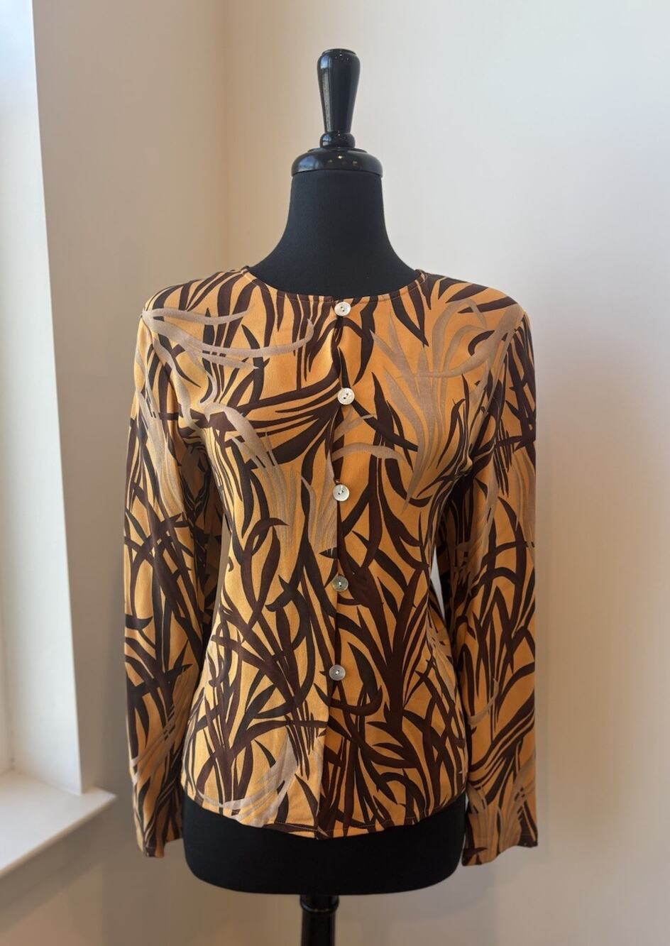 Vintage Via Seta Studio 100% Silk Blouse Floral Dark Brown Gold Size Medium NWT